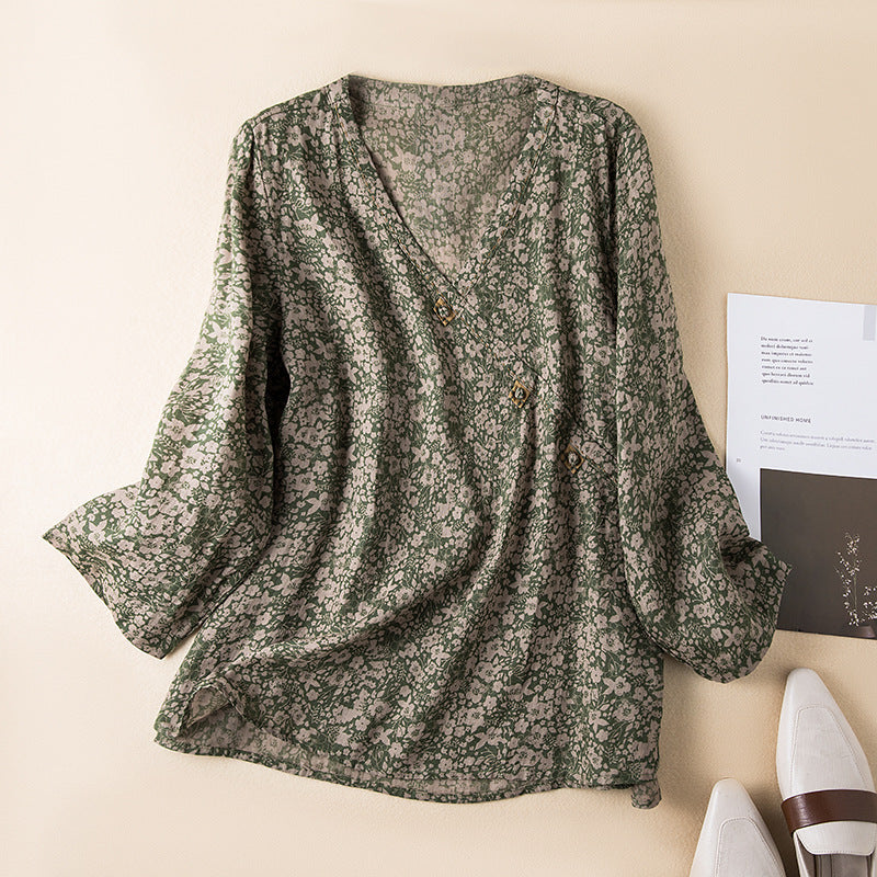 Women's V Neck Long Sleeve Blouse – Green