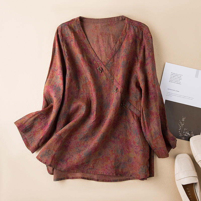 Women's V Neck Long Sleeve Blouse – Caramel