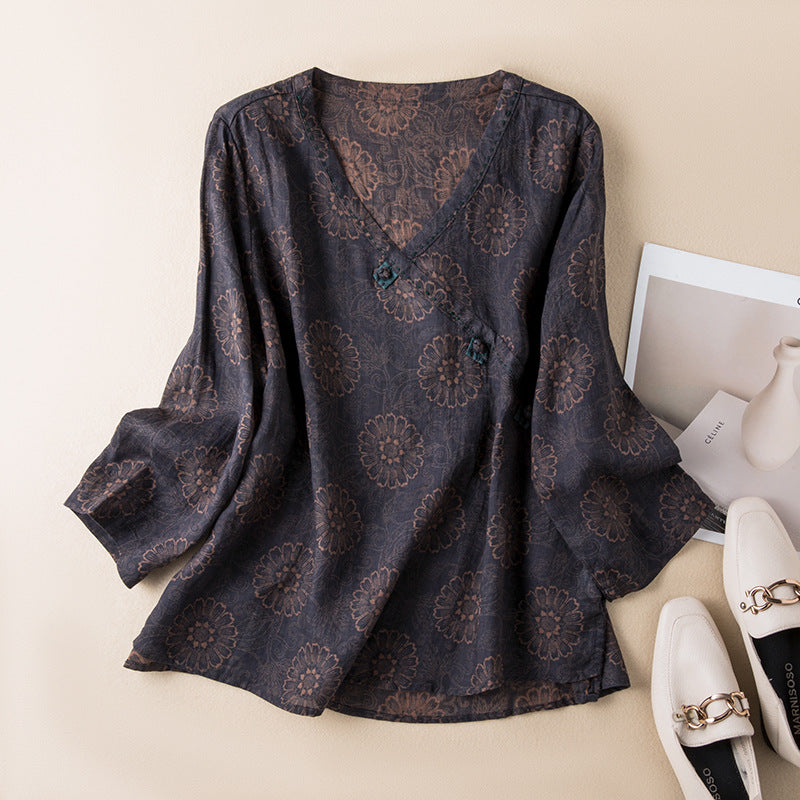 Women's V Neck Long Sleeve Blouse – Grey