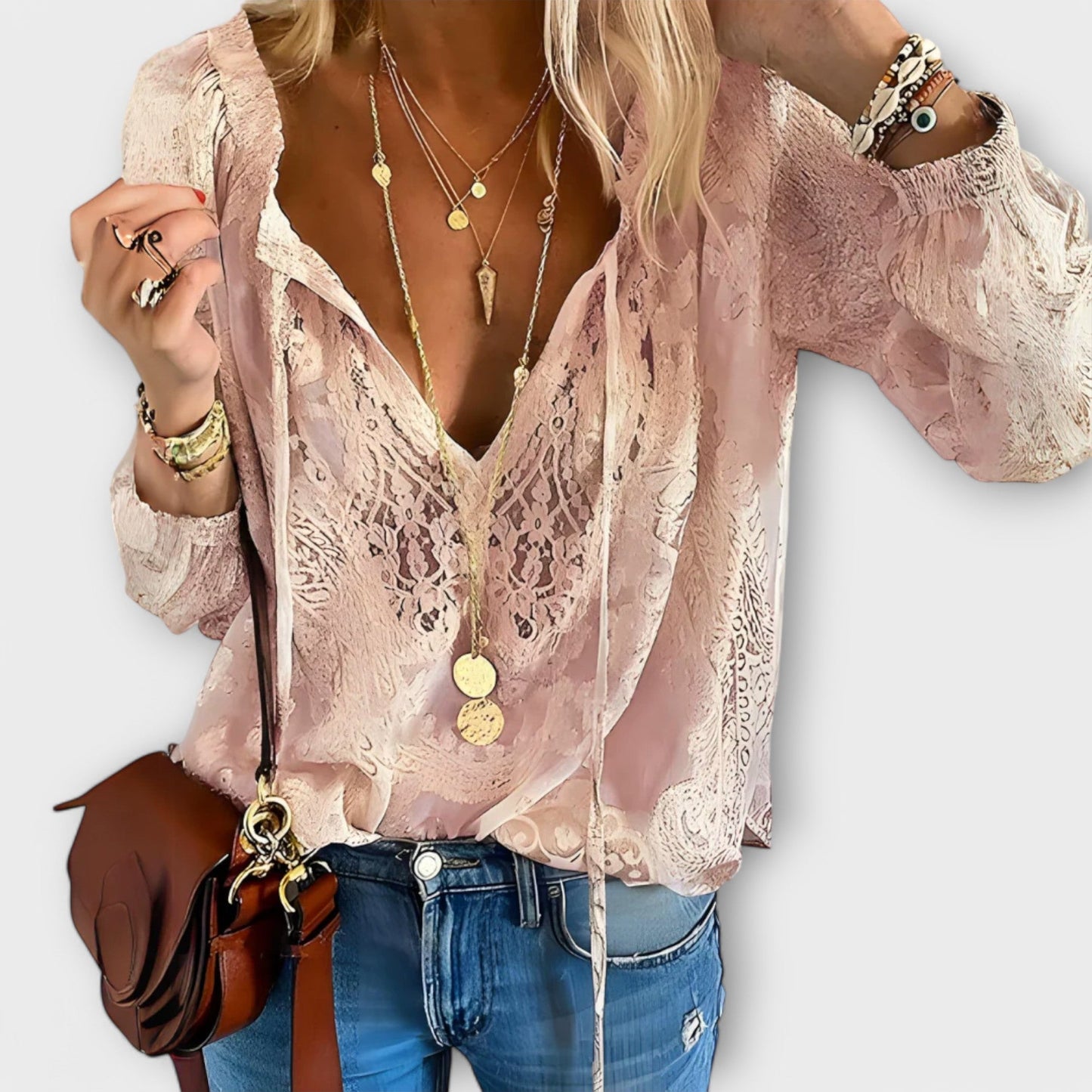 Women's V Neck Long Sleeve Blouse – Pink