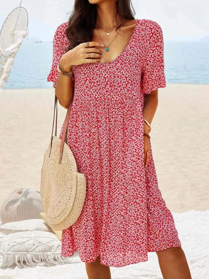 Women's V Neck Midi Dress – Red
