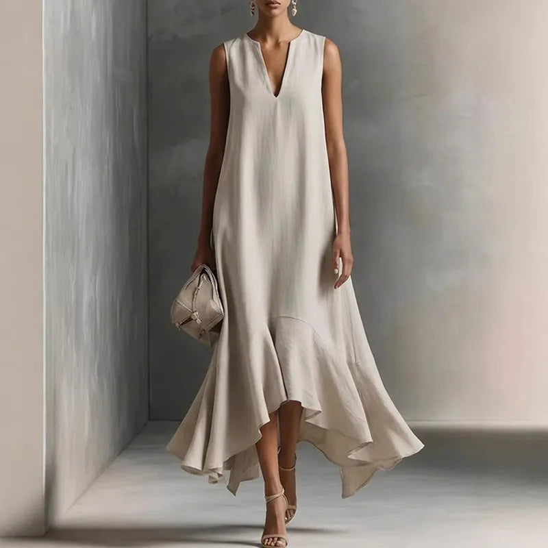 Women's V Neck Midi Dress – Beige