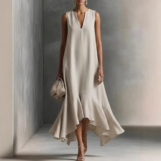 Women's V Neck Midi Dress – Beige