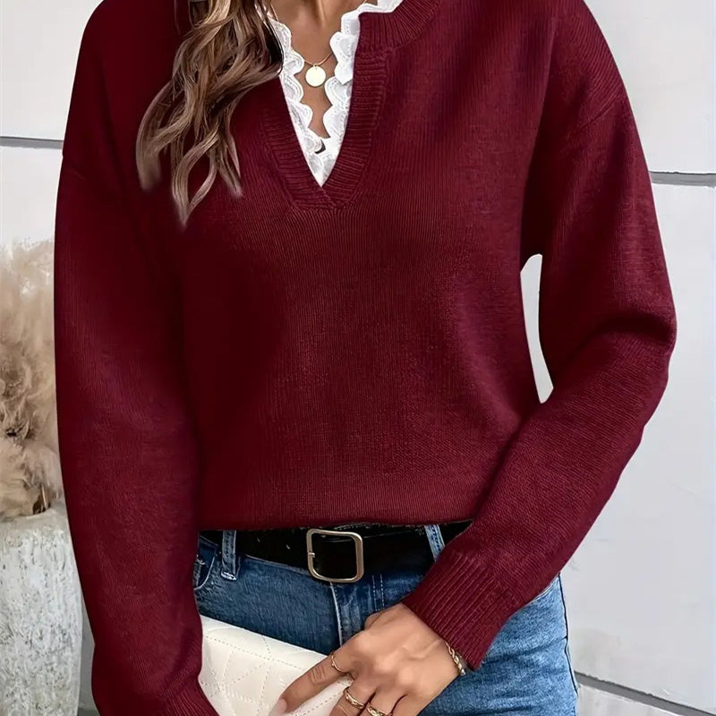 Women's V Neck Long Sleeve Sweater – Burgundy