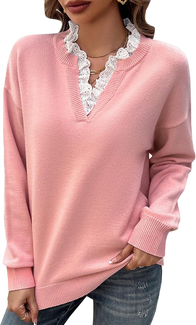 Women's V Neck Long Sleeve Sweater – Pink
