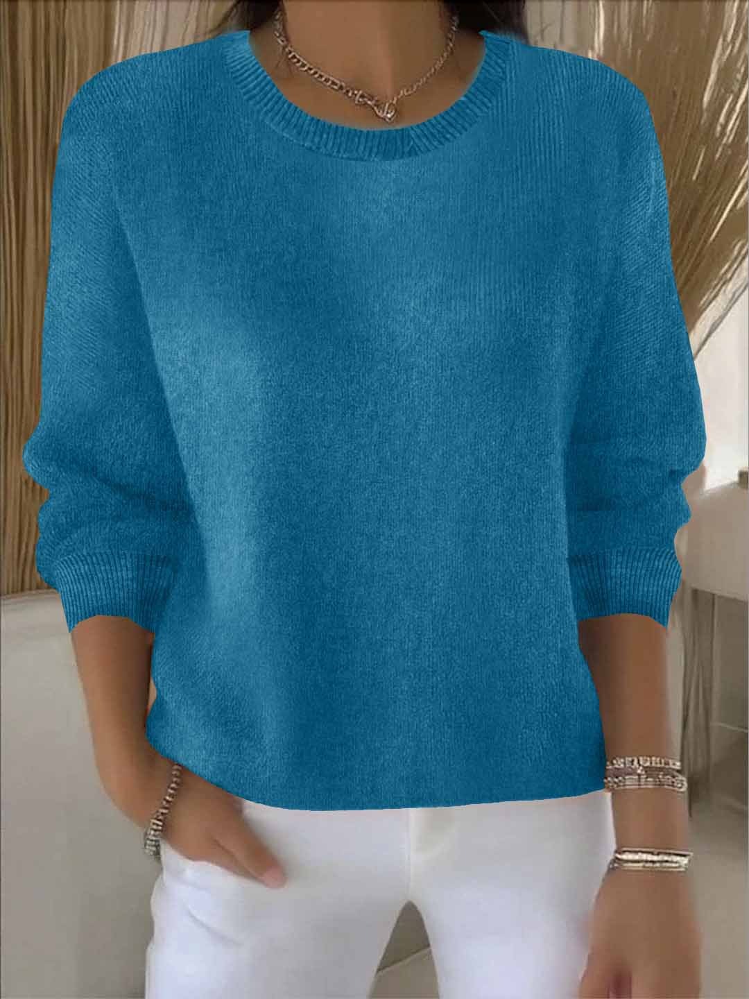 Women's Round Neck Long Sleeve Pullover – Blue