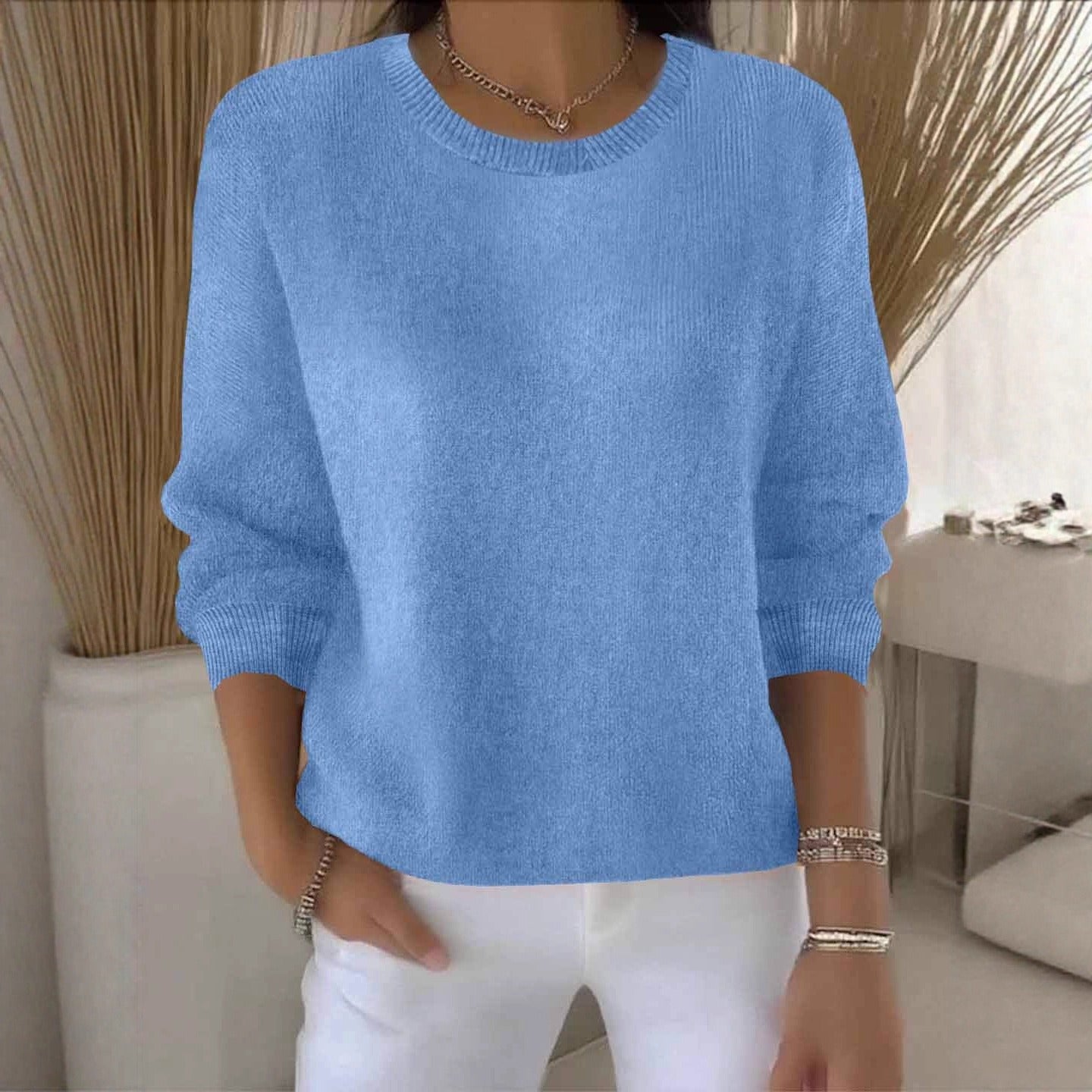 Women's Round Neck Long Sleeve Pullover – Sky Blue