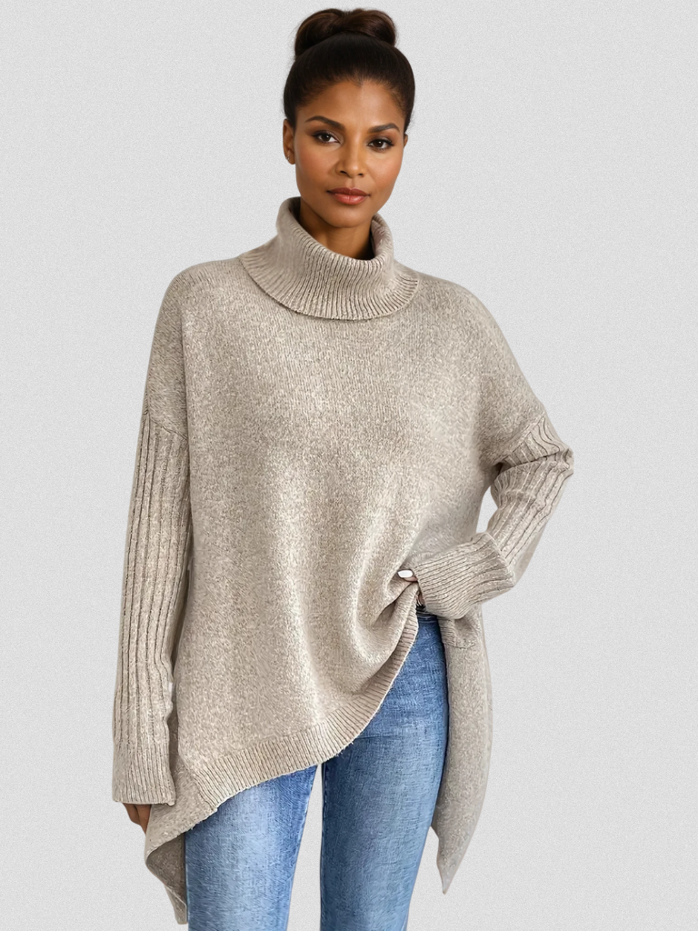 Women's Turtleneck Long Sleeve Sweater – Beige