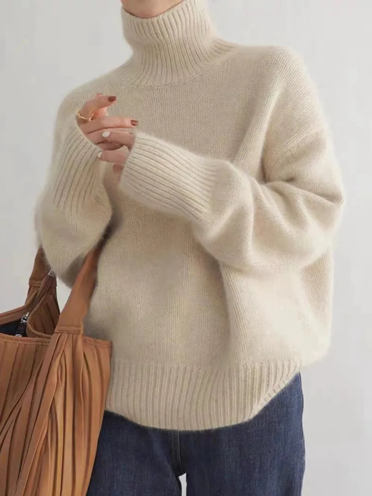 Women's Turtleneck Long Sleeve Sweater – Beige