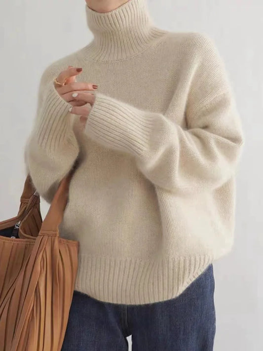 Women's Turtleneck Long Sleeve Sweater – Beige