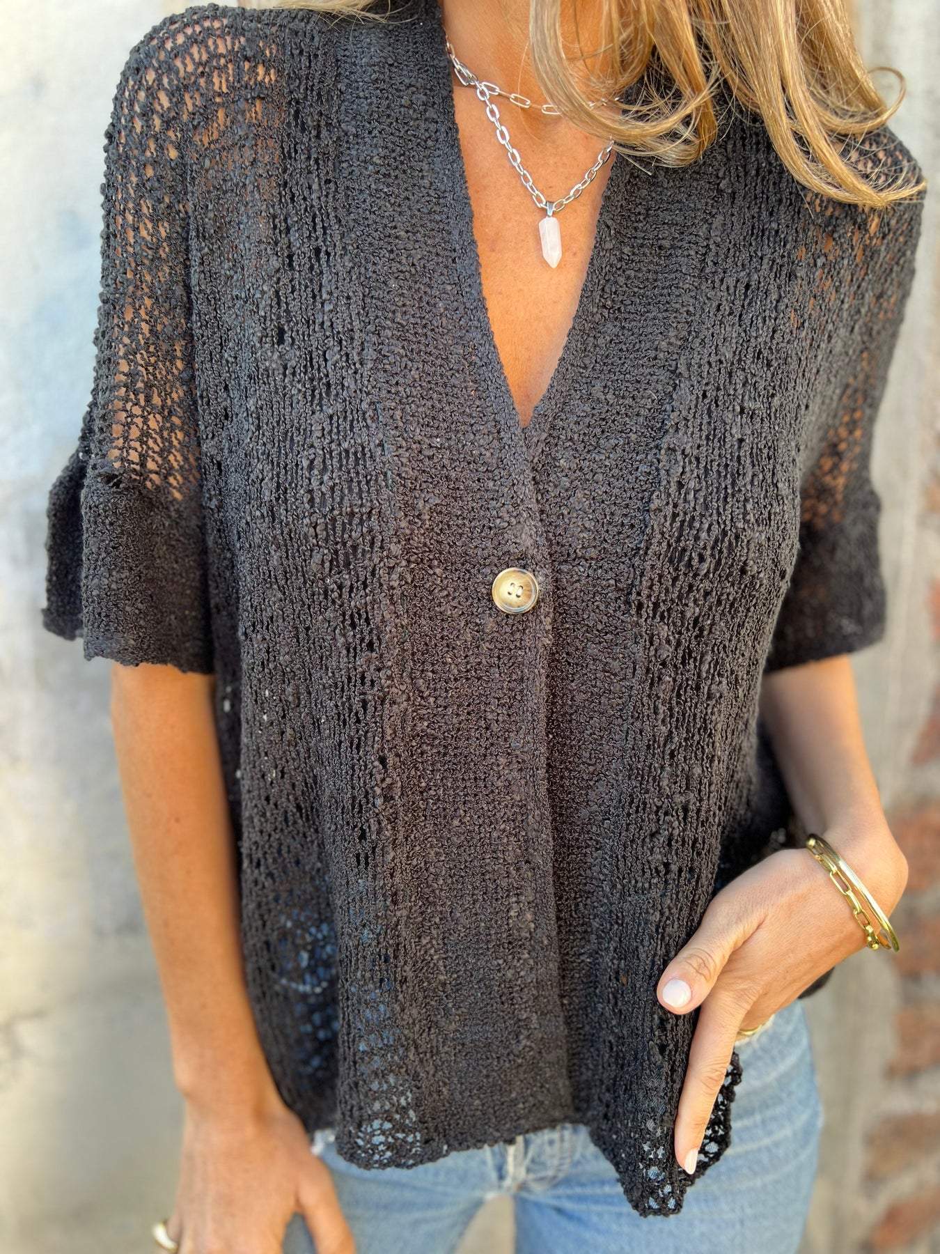 Women's V Neck Short Sleeve Cardigan – Black