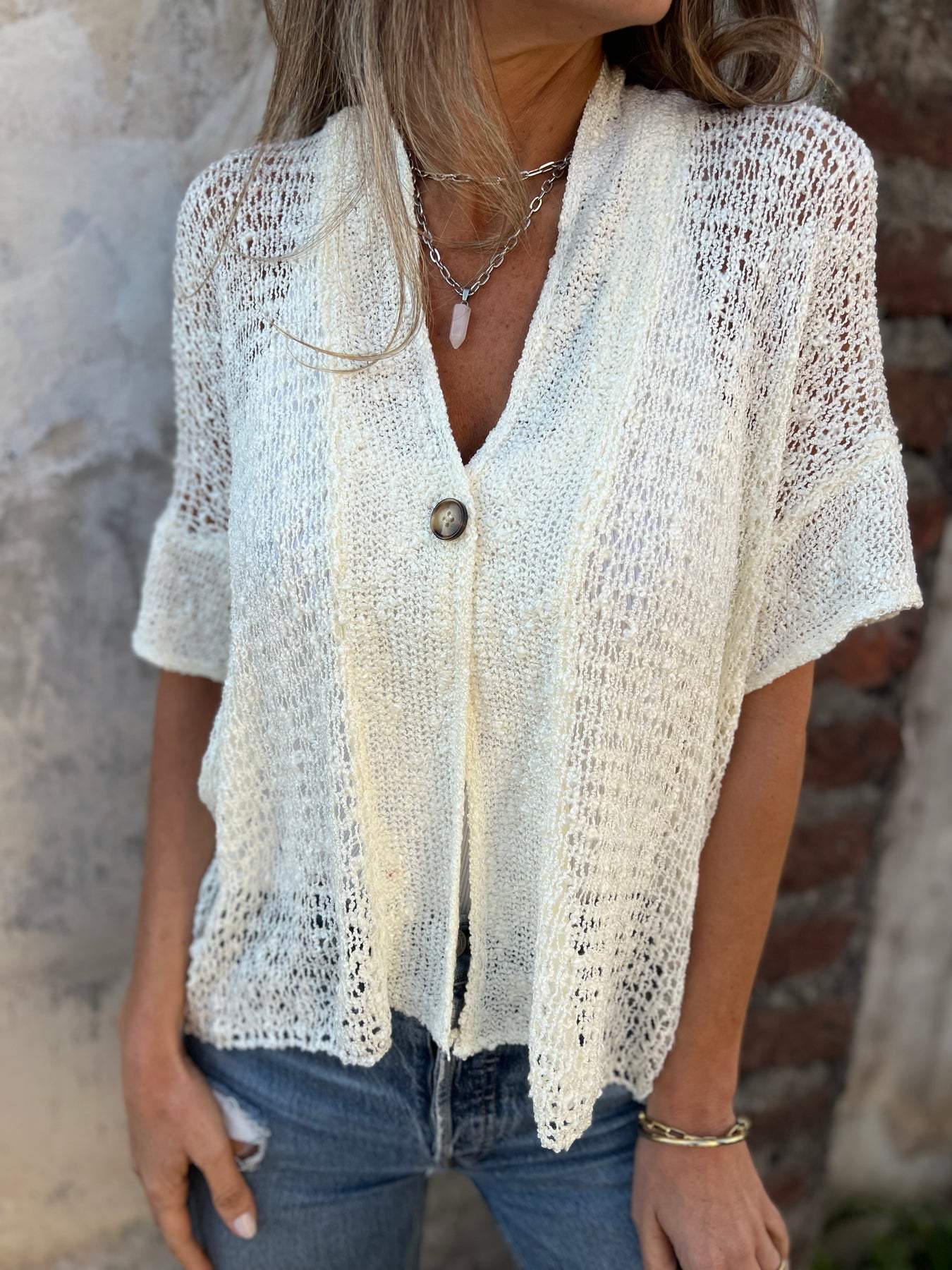 Women's V Neck Short Sleeve Cardigan – White