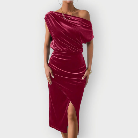 Women's Off Shoulder Midi Dress – Burgundy