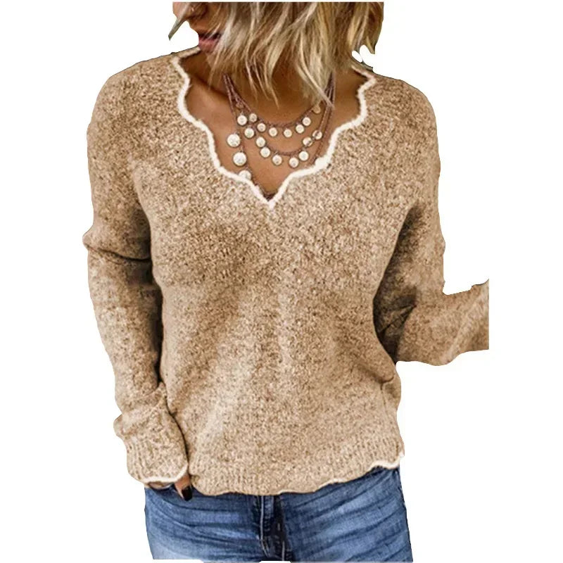 Women's V Neck Long Sleeve Sweater – Khaki