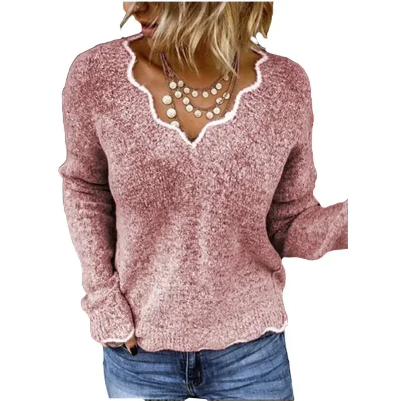 Women's V Neck Long Sleeve Sweater – Pink