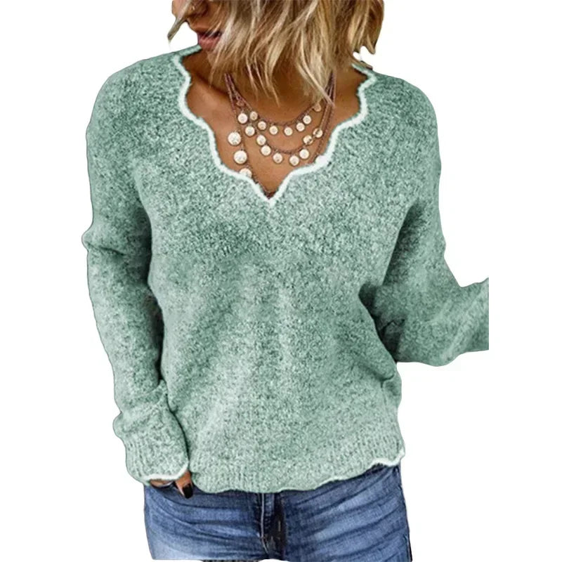 Women's V Neck Long Sleeve Sweater – Green