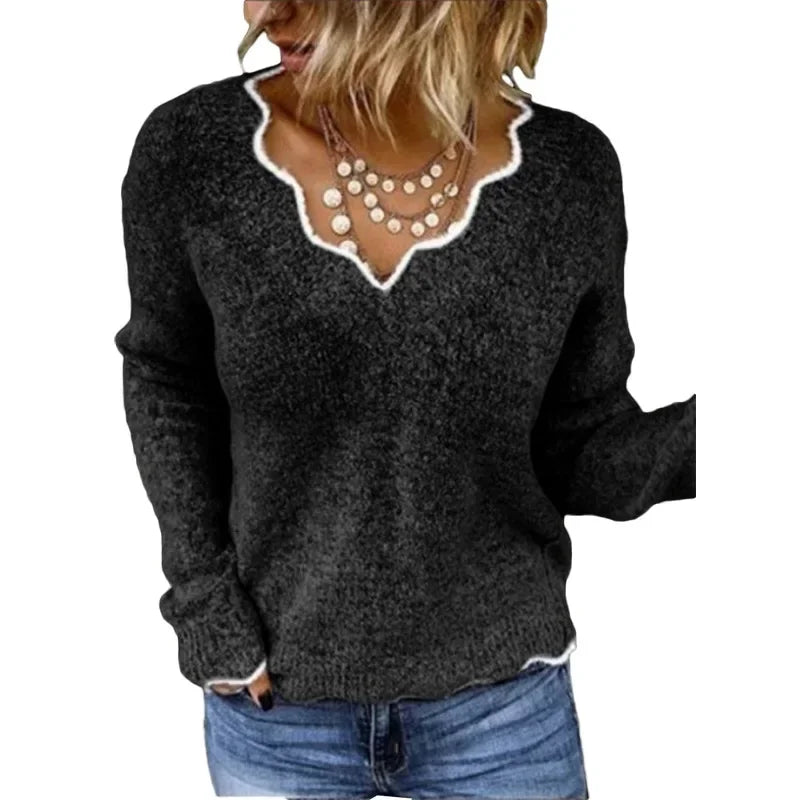 Women's V Neck Long Sleeve Sweater – Black