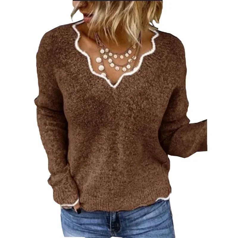 Women's V Neck Long Sleeve Sweater – Brown
