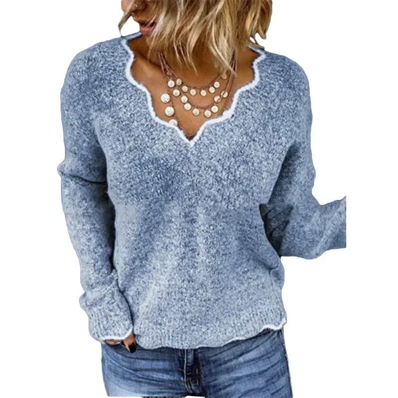 Women's V Neck Long Sleeve Sweater – Blue