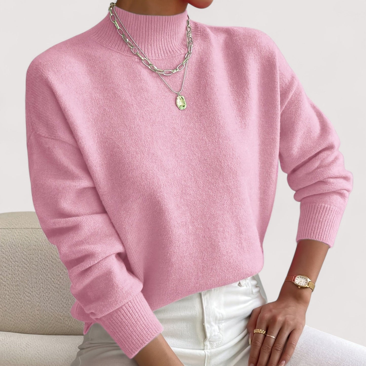 Women's Turtleneck Long Sleeve Sweater – Light Pink