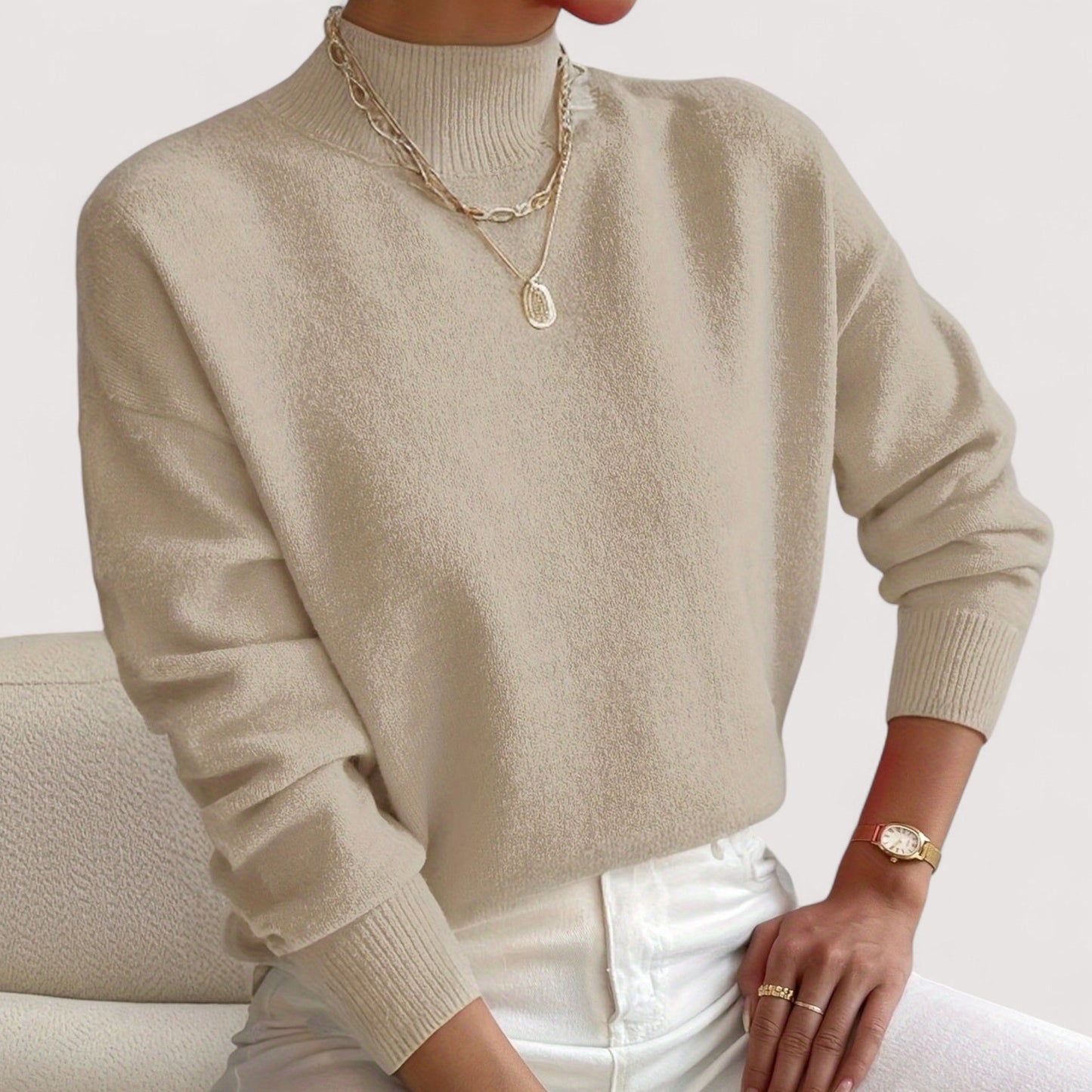 Women's Turtleneck Long Sleeve Sweater – Beige