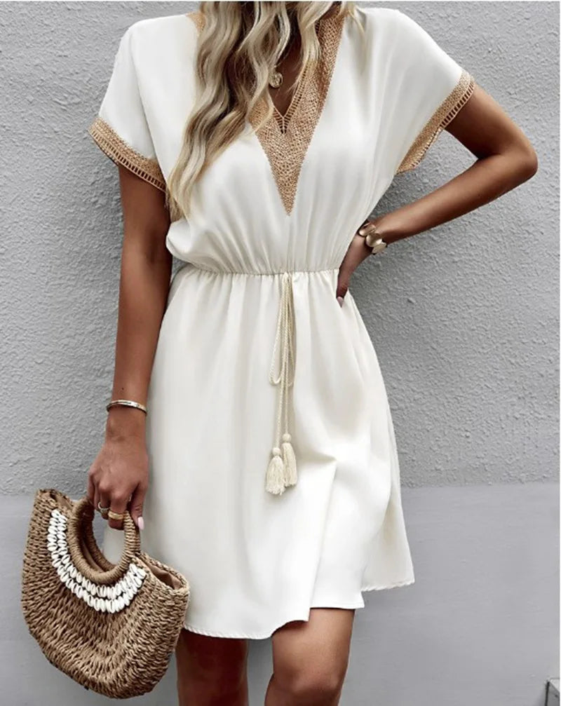 Women's V Neck Mini Dress – White