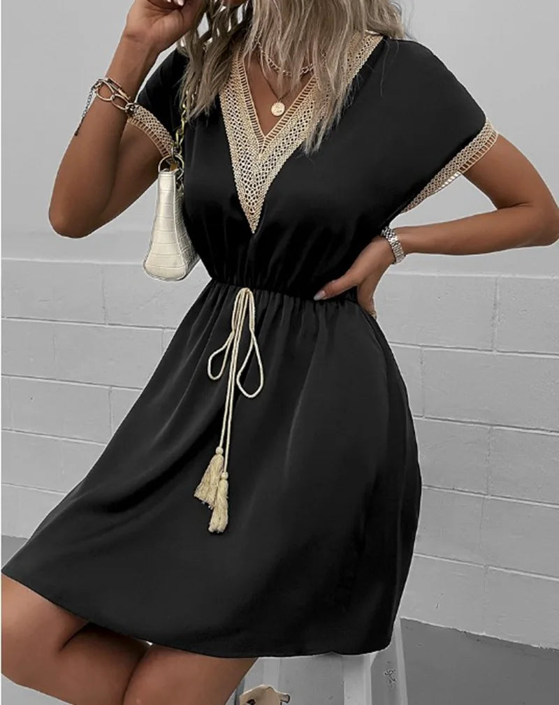 Women's V Neck Mini Dress – Black