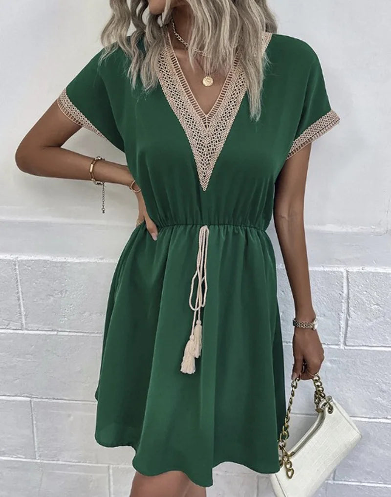 Women's V Neck Mini Dress – Green