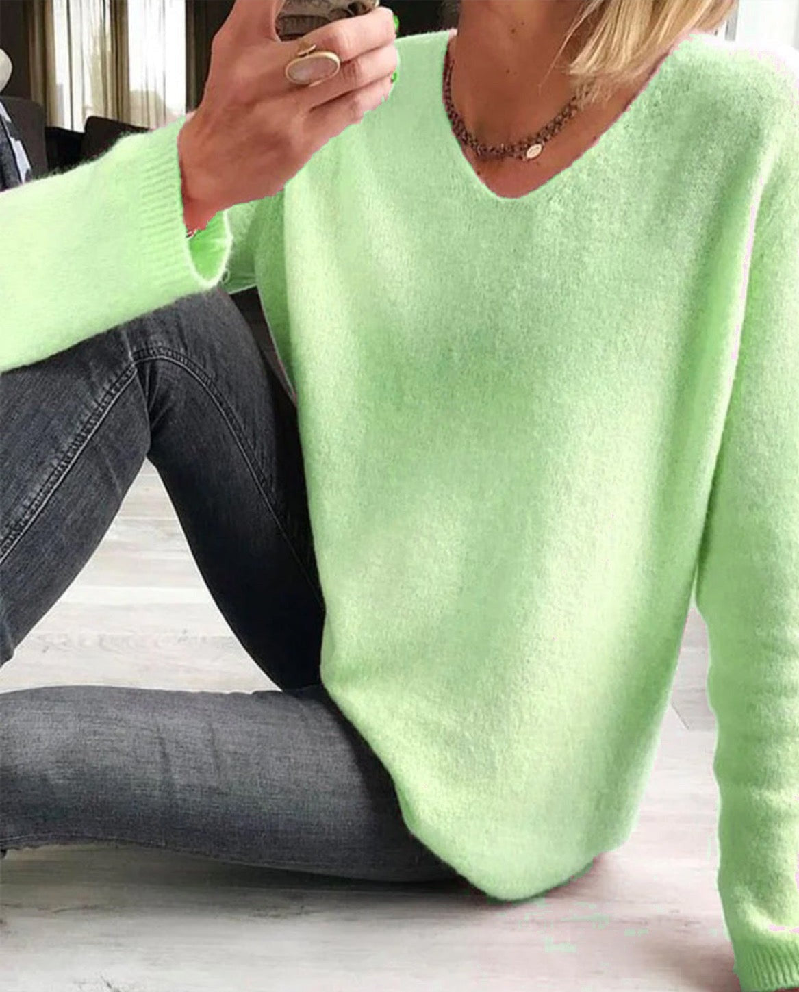 Women's V Neck Long Sleeve Pullover – Green