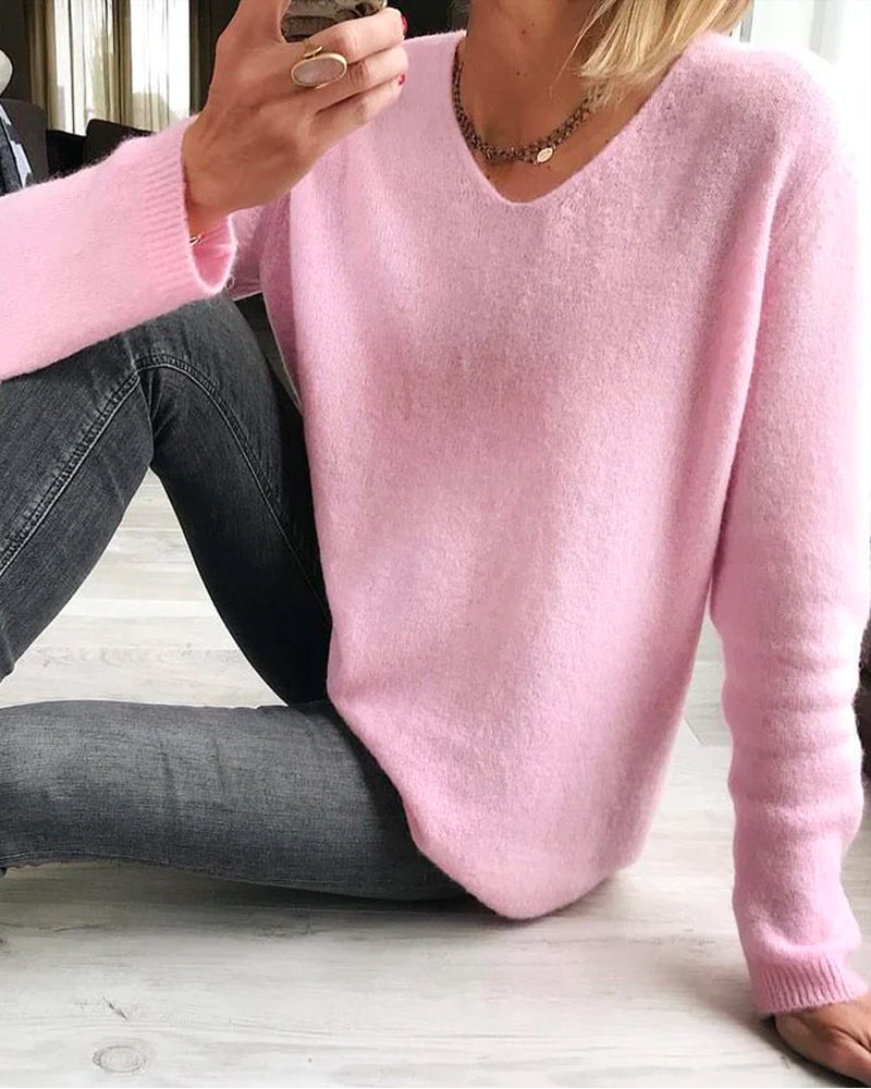 Women's V Neck Long Sleeve Pullover – Pink