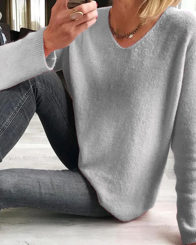 Women's V Neck Long Sleeve Pullover – Grey