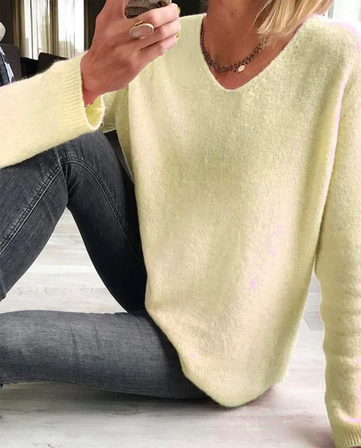 Women's V Neck Long Sleeve Pullover – Yellow