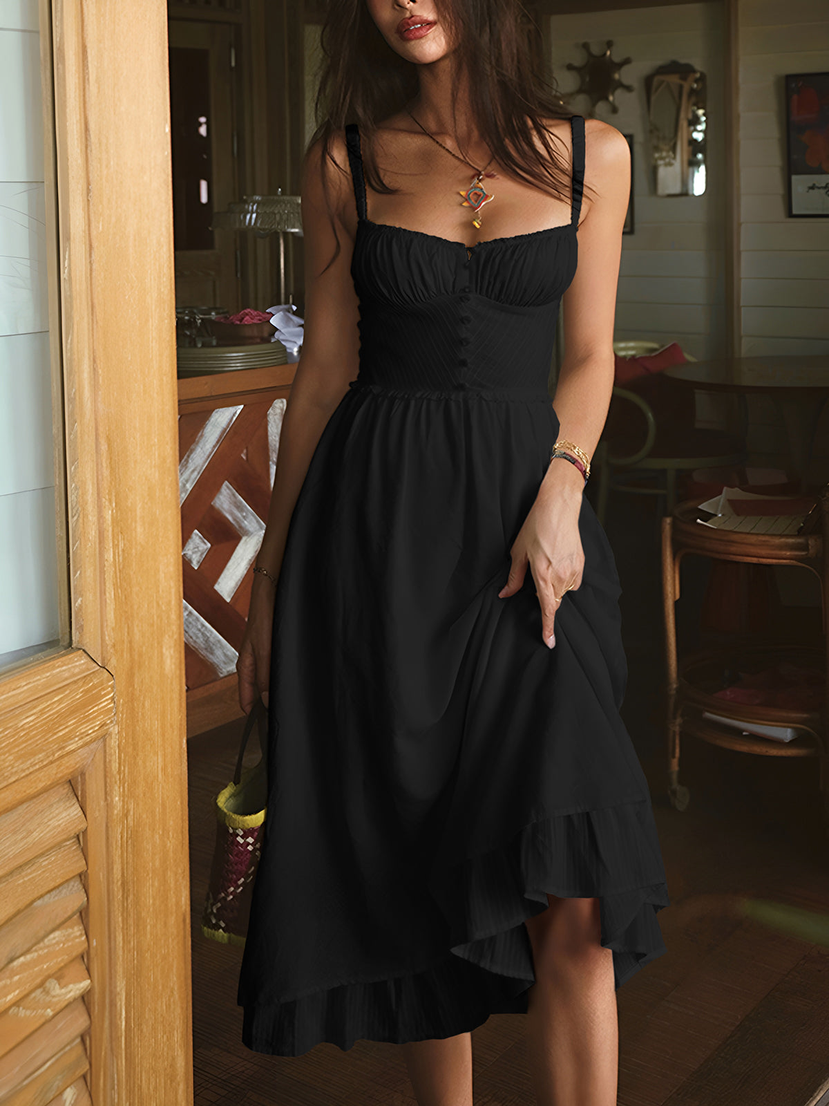 Women's Square Neck Midi Dress – Black