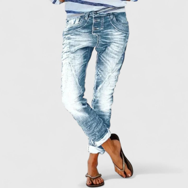 Women's Straight Leg Distressed Jeans – Light Blue