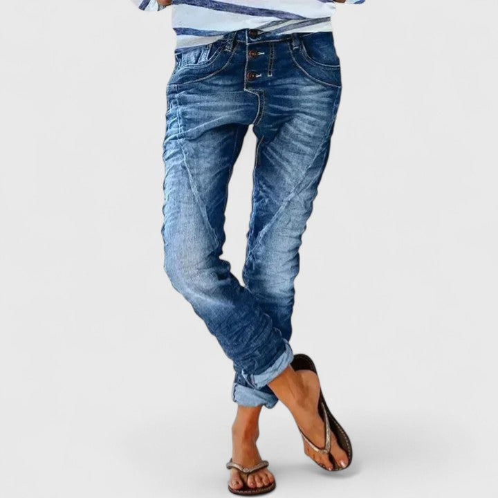 Women's Straight Leg Distressed Jeans – Blue