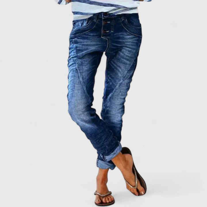 Women's Straight Leg Distressed Jeans – Dark Blue